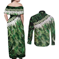 Green Traditional Cloak Aotearoa Couples Matching Off Shoulder Maxi Dress and Long Sleeve Button Shirt Maori Paua Shell Korowai Pattern LT14 - Polynesian Pride