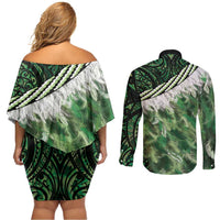 Green Traditional Cloak Aotearoa Couples Matching Off Shoulder Short Dress and Long Sleeve Button Shirt Maori Paua Shell Korowai Pattern
