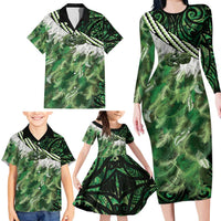 Green Traditional Cloak Aotearoa Family Matching Long Sleeve Bodycon Dress and Hawaiian Shirt Maori Paua Shell Korowai Pattern LT14 - Polynesian Pride
