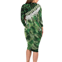 Green Traditional Cloak Aotearoa Family Matching Long Sleeve Bodycon Dress and Hawaiian Shirt Maori Paua Shell Korowai Pattern LT14 - Polynesian Pride