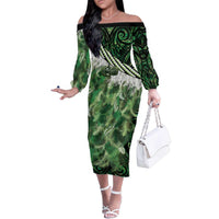 Green Traditional Cloak Aotearoa Family Matching Off The Shoulder Long Sleeve Dress and Hawaiian Shirt Maori Paua Shell Korowai Pattern LT14 Mom's Dress Green - Polynesian Pride