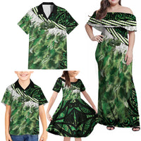 Green Traditional Cloak Aotearoa Family Matching Off Shoulder Maxi Dress and Hawaiian Shirt Maori Paua Shell Korowai Pattern LT14 - Polynesian Pride