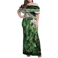 Green Traditional Cloak Aotearoa Family Matching Off Shoulder Maxi Dress and Hawaiian Shirt Maori Paua Shell Korowai Pattern LT14 Mom's Dress Green - Polynesian Pride