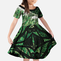 Green Traditional Cloak Aotearoa Family Matching Tank Maxi Dress and Hawaiian Shirt Maori Paua Shell Korowai Pattern LT14 Daughter's Dress Green - Polynesian Pride