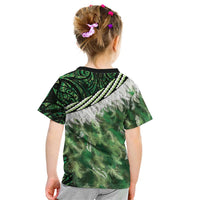 Green Traditional Cloak Aotearoa Kid T Shirt Maori Paua Shell Korowai Pattern