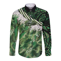 Green Traditional Cloak Aotearoa Long Sleeve Button Shirt Maori Paua Shell Korowai Pattern