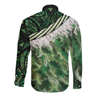 Green Traditional Cloak Aotearoa Long Sleeve Button Shirt Maori Paua Shell Korowai Pattern
