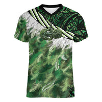 Green Traditional Cloak Aotearoa Women V-Neck T-Shirt Maori Paua Shell Korowai Pattern