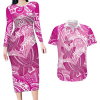 Personalised Polynesia Breast Cancer Awareness Couples Matching Long Sleeve Bodycon Dress and Hawaiian Shirt Think Pink Ribbon Polynesian Butterflies LT14 Pink - Polynesian Pride