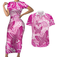 Personalised Polynesia Breast Cancer Awareness Couples Matching Short Sleeve Bodycon Dress and Hawaiian Shirt Think Pink Ribbon Polynesian Butterflies LT14 Pink - Polynesian Pride