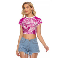 Personalised Polynesia Breast Cancer Awareness Raglan Cropped T Shirt Think Pink Ribbon Polynesian Butterflies
