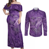 Personalised Polynesia Lupus Awareness Month Couples Matching Off Shoulder Maxi Dress and Long Sleeve Button Shirt Warrior Purple Ribbon Polynesian Butterflies LT14 Purple - Polynesian Pride