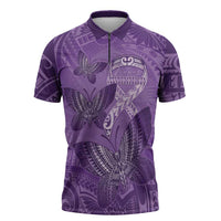 Personalised Polynesia Lupus Awareness Month Zipper Polo Shirt Warrior Purple Ribbon Polynesian Butterflies