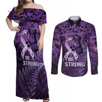 Lupus Awareness Month New Zealand Couples Matching Off Shoulder Maxi Dress and Long Sleeve Button Shirt Be Strong Warrior Maori Silver Fern LT14 Purple - Polynesian Pride