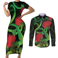 New Zealand Gecko Couples Matching Short Sleeve Bodycon Dress and Long Sleeve Button Shirt Aotearoa Maori With Pohutukawa Flowers LT14 Black - Polynesian Pride