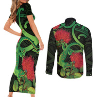 New Zealand Gecko Couples Matching Short Sleeve Bodycon Dress and Long Sleeve Button Shirt Aotearoa Maori With Pohutukawa Flowers LT14 - Polynesian Pride