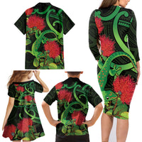 New Zealand Gecko Family Matching Long Sleeve Bodycon Dress and Hawaiian Shirt Aotearoa Maori With Pohutukawa Flowers