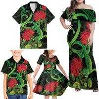 New Zealand Gecko Family Matching Off Shoulder Maxi Dress and Hawaiian Shirt Aotearoa Maori With Pohutukawa Flowers LT14 - Polynesian Pride