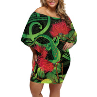 New Zealand Gecko Family Matching Off Shoulder Short Dress and Hawaiian Shirt Aotearoa Maori With Pohutukawa Flowers LT14 Mom's Dress Black - Polynesian Pride