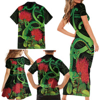 New Zealand Gecko Family Matching Short Sleeve Bodycon Dress and Hawaiian Shirt Aotearoa Maori With Pohutukawa Flowers LT14 - Polynesian Pride