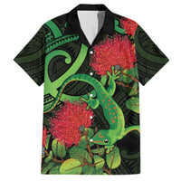 New Zealand Gecko Family Matching Short Sleeve Bodycon Dress and Hawaiian Shirt Aotearoa Maori With Pohutukawa Flowers LT14 Dad's Shirt - Short Sleeve Black - Polynesian Pride