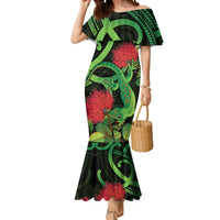 New Zealand Gecko Mermaid Dress Aotearoa Maori With Pohutukawa Flowers LT14 Women Black - Polynesian Pride