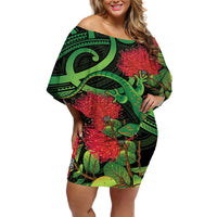 New Zealand Gecko Off Shoulder Short Dress Aotearoa Maori With Pohutukawa Flowers LT14 Women Black - Polynesian Pride