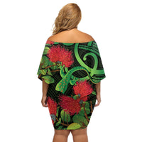 New Zealand Gecko Off Shoulder Short Dress Aotearoa Maori With Pohutukawa Flowers LT14 - Polynesian Pride