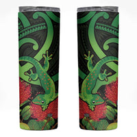 New Zealand Gecko Skinny Tumbler Aotearoa Maori With Pohutukawa Flowers LT14 Black - Polynesian Pride