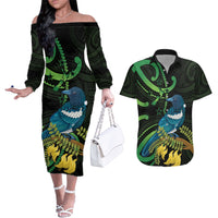 New Zealand Tui Bird Couples Matching Off The Shoulder Long Sleeve Dress and Hawaiian Shirt Aotearoa Maori With Kowhai Flowers LT14 Black - Polynesian Pride