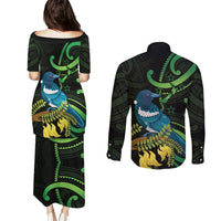 New Zealand Tui Bird Couples Matching Puletasi and Long Sleeve Button Shirt Aotearoa Maori With Kowhai Flowers LT14 - Polynesian Pride