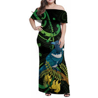 New Zealand Tui Bird Family Matching Off Shoulder Maxi Dress and Hawaiian Shirt Aotearoa Maori With Kowhai Flowers LT14 Mom's Dress Black - Polynesian Pride