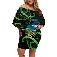New Zealand Tui Bird Off Shoulder Short Dress Aotearoa Maori With Kowhai Flowers LT14 Women Black - Polynesian Pride