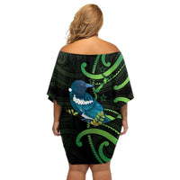 New Zealand Tui Bird Off Shoulder Short Dress Aotearoa Maori With Kowhai Flowers LT14 - Polynesian Pride