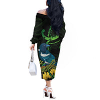 New Zealand Tui Bird Off The Shoulder Long Sleeve Dress Aotearoa Maori With Kowhai Flowers LT14 - Polynesian Pride
