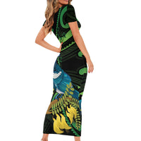 New Zealand Tui Bird Short Sleeve Bodycon Dress Aotearoa Maori With Kowhai Flowers LT14 - Polynesian Pride