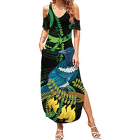 New Zealand Tui Bird Summer Maxi Dress Aotearoa Maori With Kowhai Flowers LT14 Women Black - Polynesian Pride