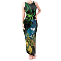 New Zealand Tui Bird Tank Maxi Dress Aotearoa Maori With Kowhai Flowers LT14 Women Black - Polynesian Pride