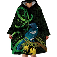 New Zealand Tui Bird Wearable Blanket Hoodie Aotearoa Maori With Kowhai Flowers LT14 - Polynesian Pride