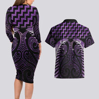 Purple Matariki New Zealand Couples Matching Long Sleeve Bodycon Dress and Hawaiian Shirt Maori Poutama Galaxy Vibes LT14 - Polynesian Pride