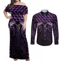Purple Matariki New Zealand Couples Matching Off Shoulder Maxi Dress and Long Sleeve Button Shirt Maori Poutama Galaxy Vibes LT14 Purple - Polynesian Pride