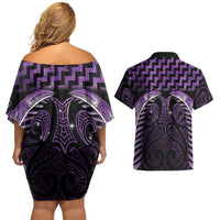 Purple Matariki New Zealand Couples Matching Off Shoulder Short Dress and Hawaiian Shirt Maori Poutama Galaxy Vibes LT14 - Polynesian Pride