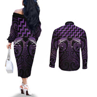 Purple Matariki New Zealand Couples Matching Off The Shoulder Long Sleeve Dress and Long Sleeve Button Shirt Maori Poutama Galaxy Vibes LT14 - Polynesian Pride