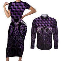 Purple Matariki New Zealand Couples Matching Short Sleeve Bodycon Dress and Long Sleeve Button Shirt Maori Poutama Galaxy Vibes LT14 Purple - Polynesian Pride