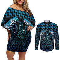 Blue Matariki New Zealand Couples Matching Off Shoulder Short Dress and Long Sleeve Button Shirt Maori Poutama Galaxy Vibes LT14 Blue - Polynesian Pride