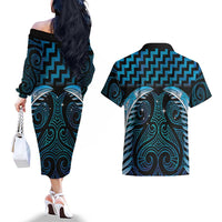 Blue Matariki New Zealand Couples Matching Off The Shoulder Long Sleeve Dress and Hawaiian Shirt Maori Poutama Galaxy Vibes LT14 - Polynesian Pride