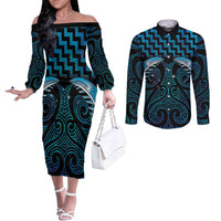 Blue Matariki New Zealand Couples Matching Off The Shoulder Long Sleeve Dress and Long Sleeve Button Shirt Maori Poutama Galaxy Vibes LT14 Blue - Polynesian Pride
