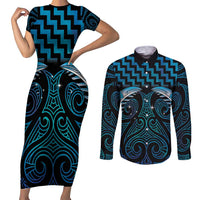 Blue Matariki New Zealand Couples Matching Short Sleeve Bodycon Dress and Long Sleeve Button Shirt Maori Poutama Galaxy Vibes LT14 Blue - Polynesian Pride