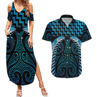 Blue Matariki New Zealand Couples Matching Summer Maxi Dress and Hawaiian Shirt Maori Poutama Galaxy Vibes LT14 Blue - Polynesian Pride