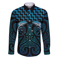 Blue Matariki New Zealand Family Matching Off The Shoulder Long Sleeve Dress and Hawaiian Shirt Maori Poutama Galaxy Vibes LT14 Dad's Shirt - Long Sleeve Blue - Polynesian Pride